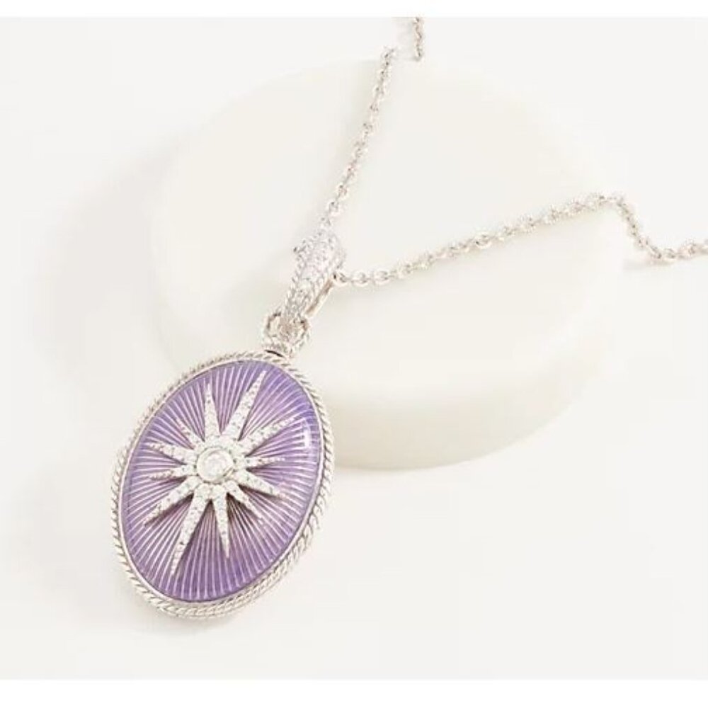 Judith Ripka Sterling Necklace Purple Guilloche Enamel Star Locket 36" Chain